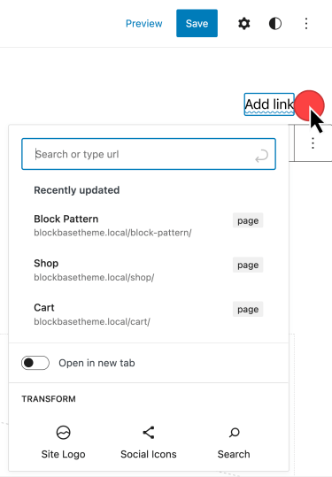 Navigation menu prompting to add link with a dropdown showing suggested pages.