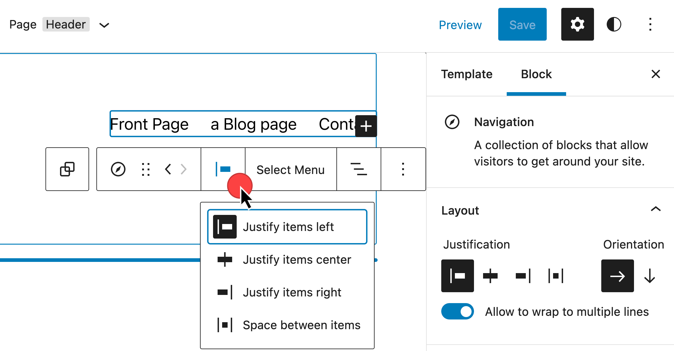 Navigation menu bar showing the Change items justification options dropdown and the block settings panel at right for the layout.