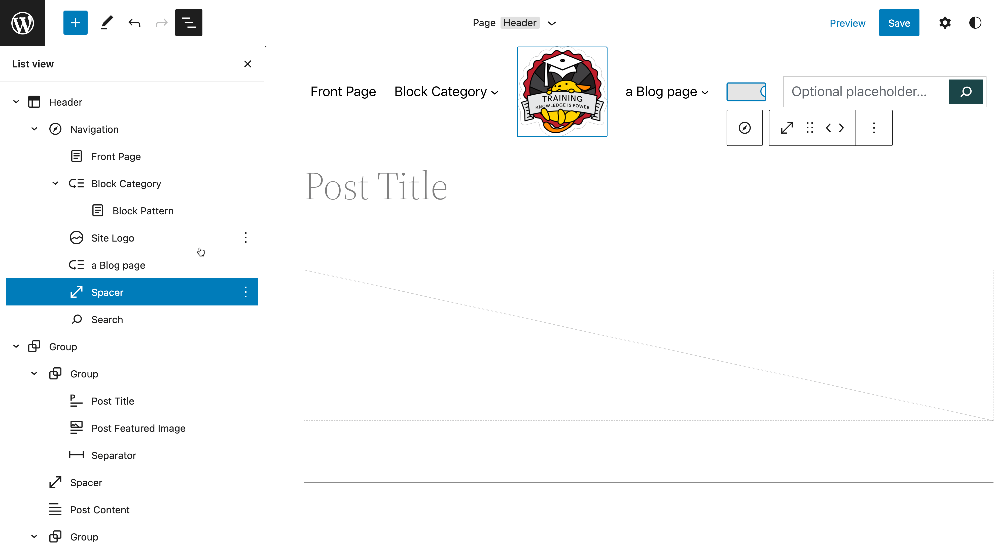 Navigation block with site icon, spacer, and search used