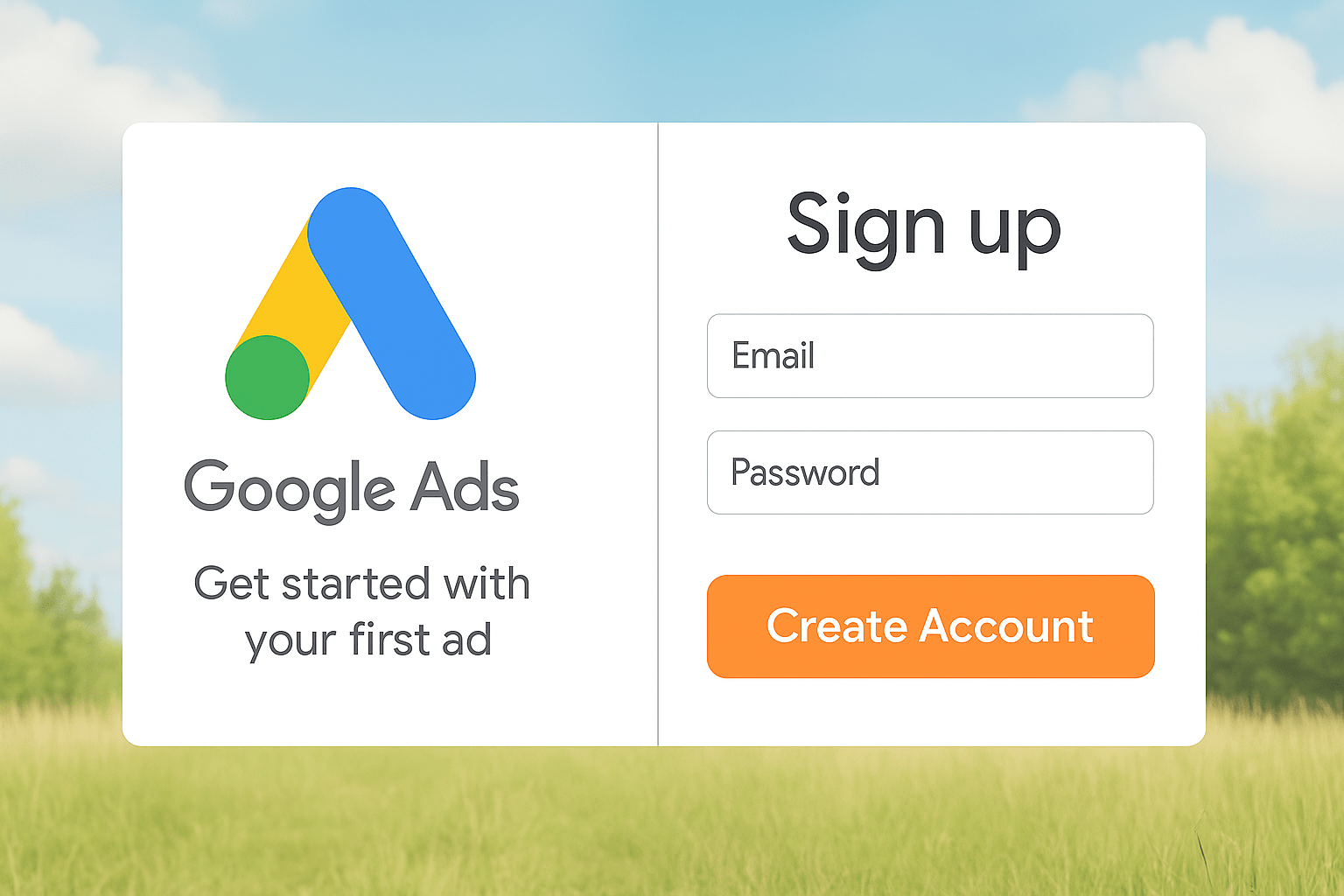 A screenshot of the Google Ads account sign-up page, with a "Create Account" button highlighted.