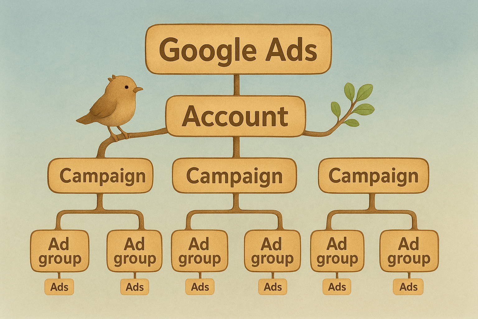A hierarchical flow chart illustrating the structure of a Google Ads account, showing account, campaigns, ad groups and ads.