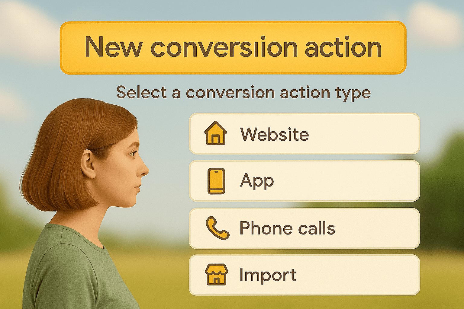 A screenshot of a user setting up a new conversion action in Google Ads, showing the different types of conversions.