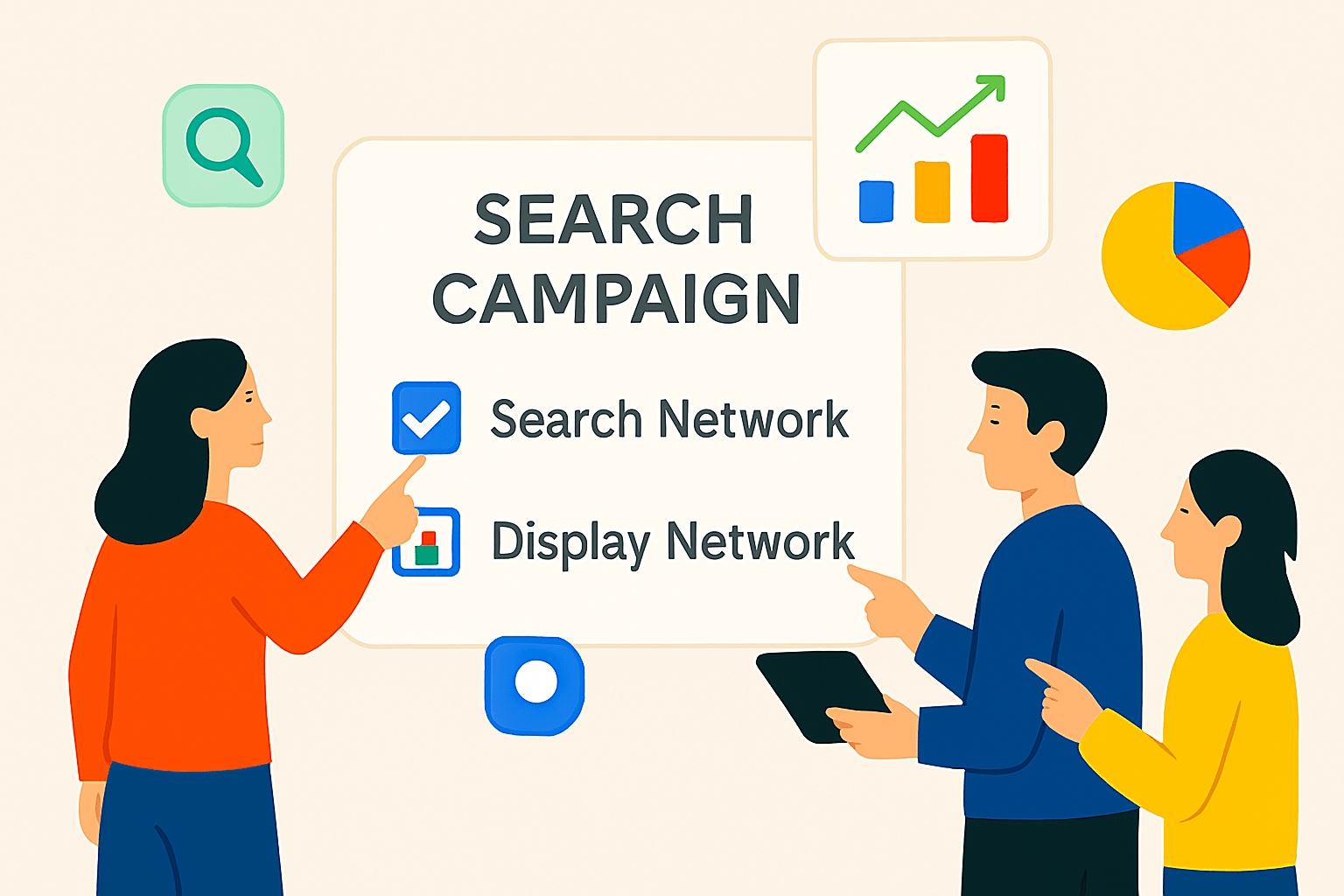 A screenshot of the network settings section within a Google Ads search campaign, showing checkboxes for Search Network and Display Network.