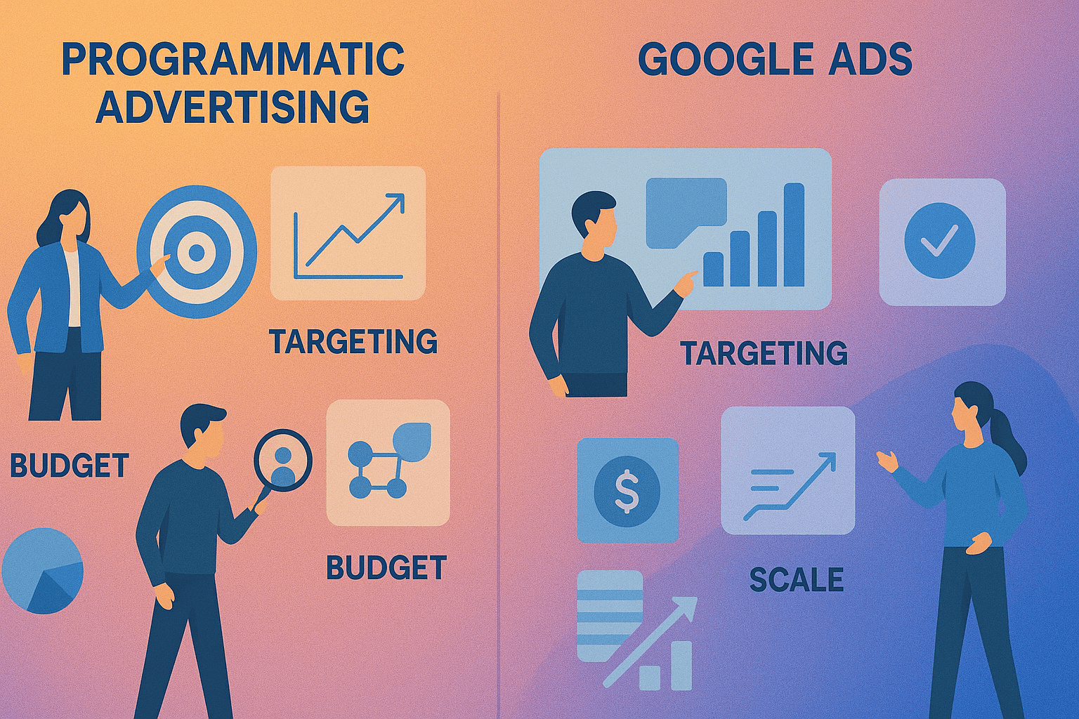 Comparison of Programmatic Advertising and Google Ads, showing differences in goals, targeting, budget, and scale