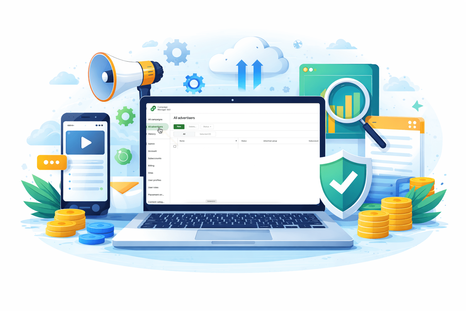 Illustration of a laptop showing the Campaign Manager 360 interface, representing an introduction to CM360 with elements of campaign management, reporting, analytics, and ad verification in a digital marketing environment.