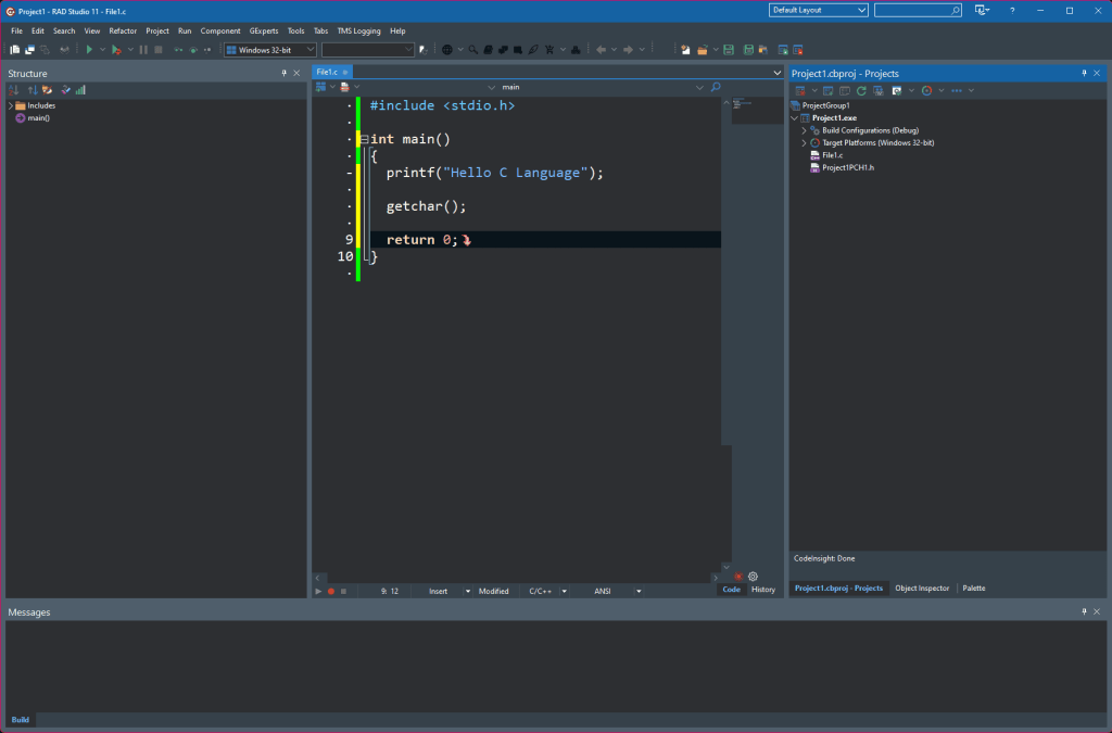What Is The C Programming Language?  - an image of the C++ Builder IDE with a hello world C program in it