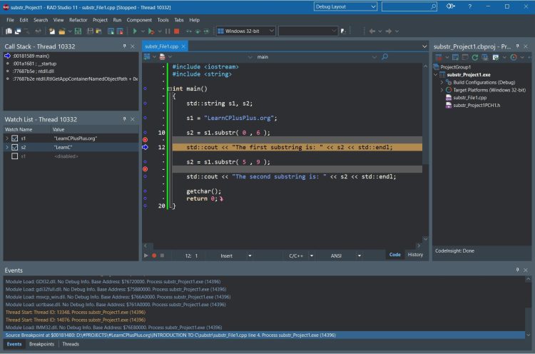 How to debug a C++ program   a program stopped at a breakpoint in the IDE