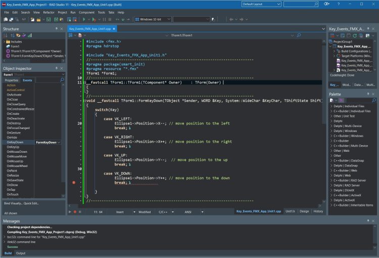 Learn How To Use Key Events In C++ FMX Applications on Windows   the RAD Screen IDE showing some keyt event code in C++