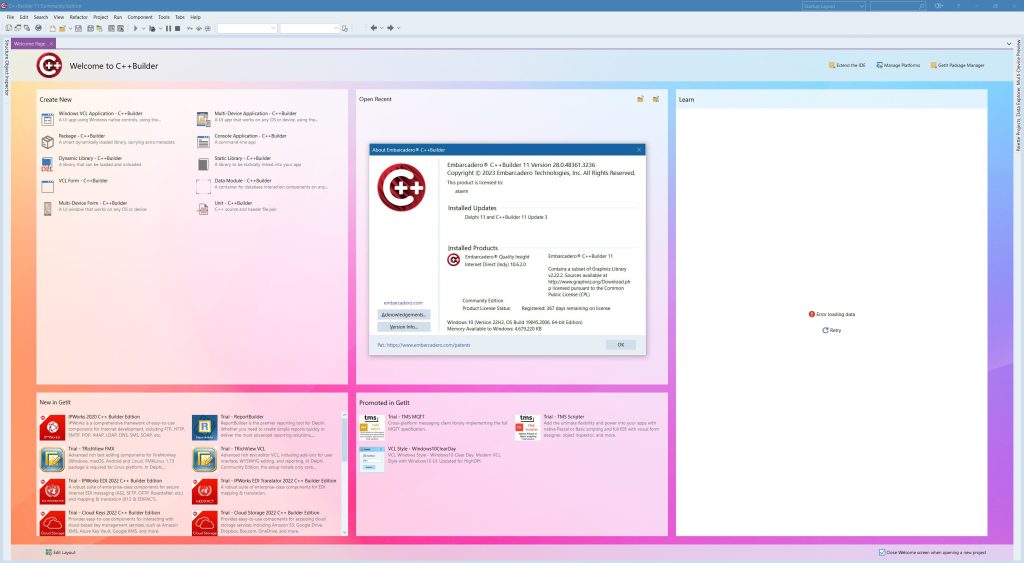 How To Install C++ Builder CE Community Edition For Your First Project - the RAD Studio Welcome Screen