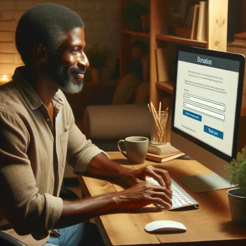 This is an image of an older, African-American man who is happily making a donation on a computer. The screen reads donation at the top and the rest of the text is blured.