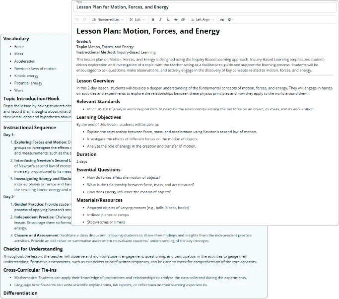 A screenshot showing a detailed lesson plan titled 'Motion, Forces, and Energy' for Grade 8, outlining key topics, learning objectives, materials, and questions for inquiry-based learning.