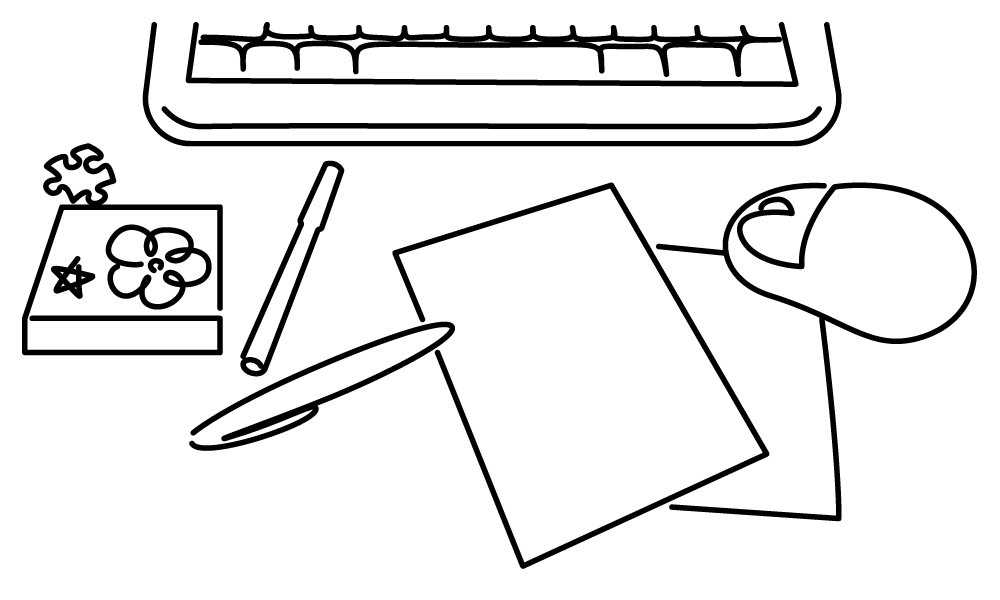 Sketch of laptop, mouse, stickie notes and pens