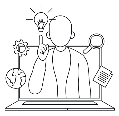 Person coming out of laptop with light bulbs and magnifying symbols around them