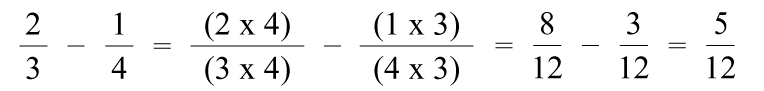 2/4 - 1/4 = (2x4)/(3x4) - (1x3)/(4x3) = 8/12 - 3/12 = 5/12