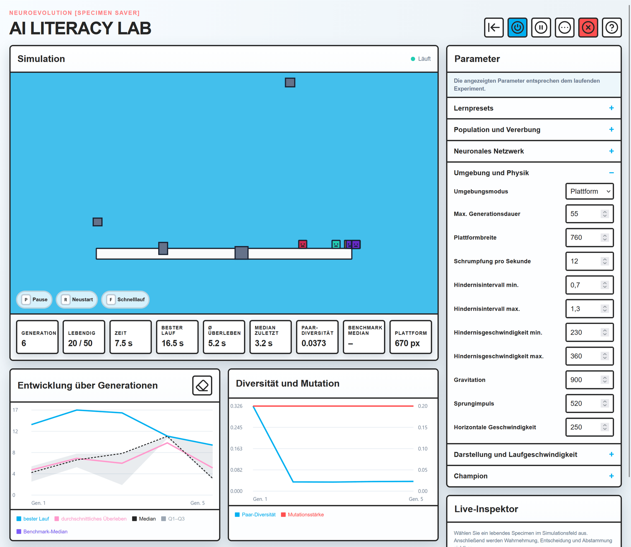 Interface der Neuroevolution im AI LITERACY LAB