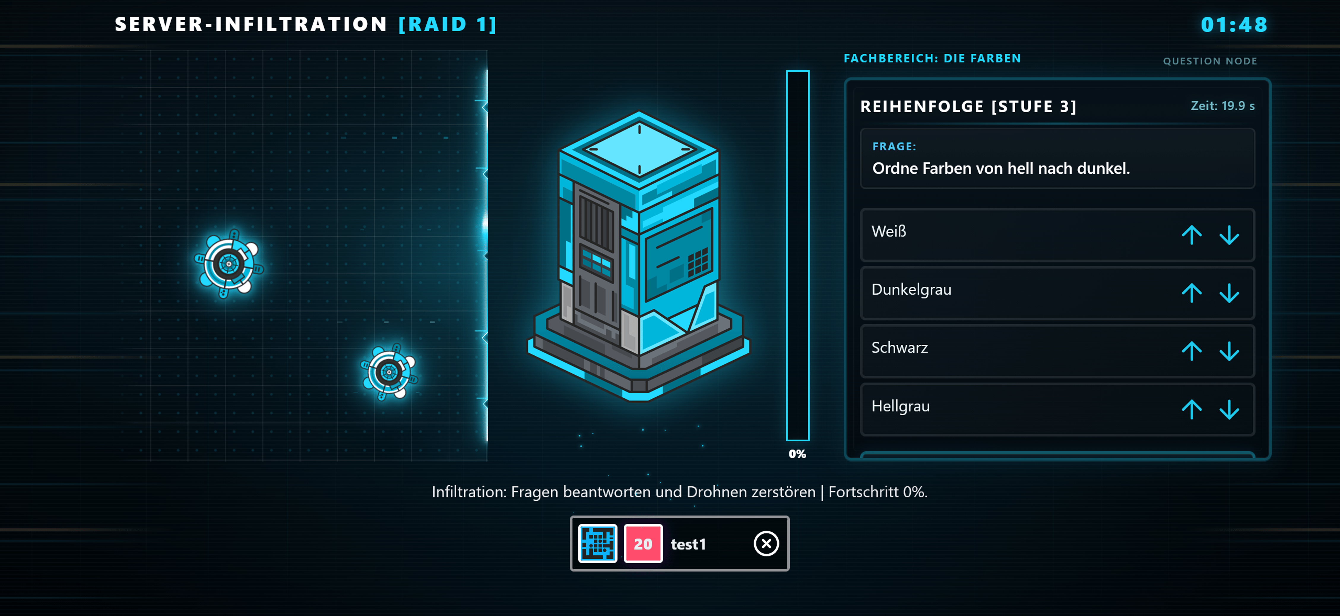 Server-Infiltration in TLA Raid 1 mit Fragen, Fortschrittsanzeige und angreifenden Drohnen