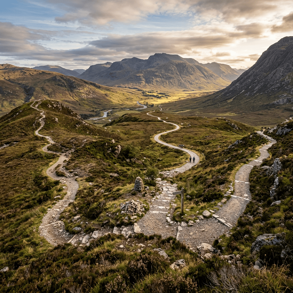 Winding stone paths through green hills and a valley with mountains in the distance