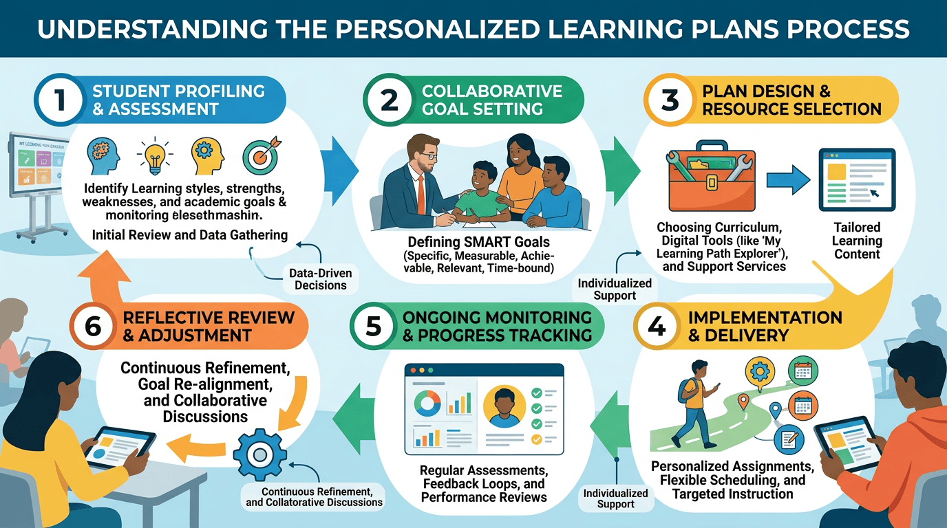 Six-step process for personalized learning plans including assessment, goal setting, plan design, implementation, monitoring, and reflective review