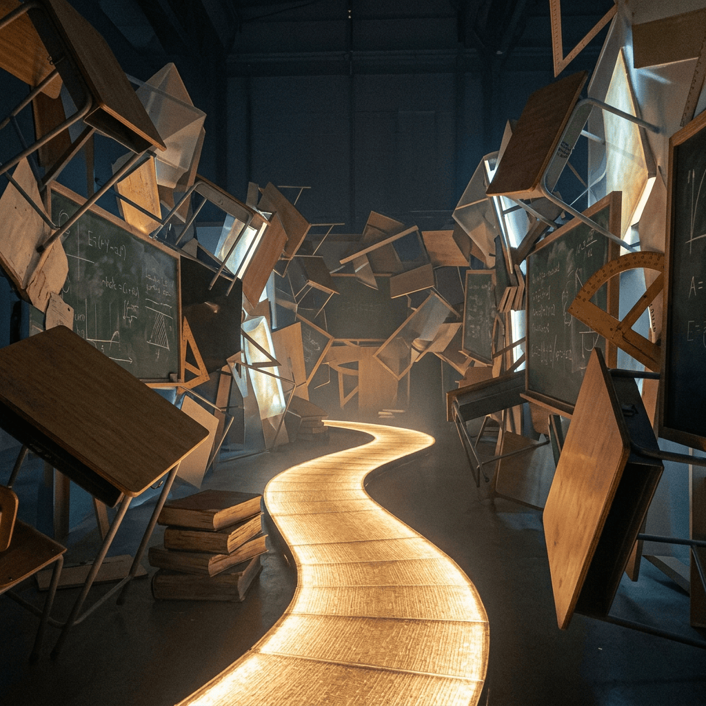 Curved glowing pathway in a dark room with floating school desks and chalkboards