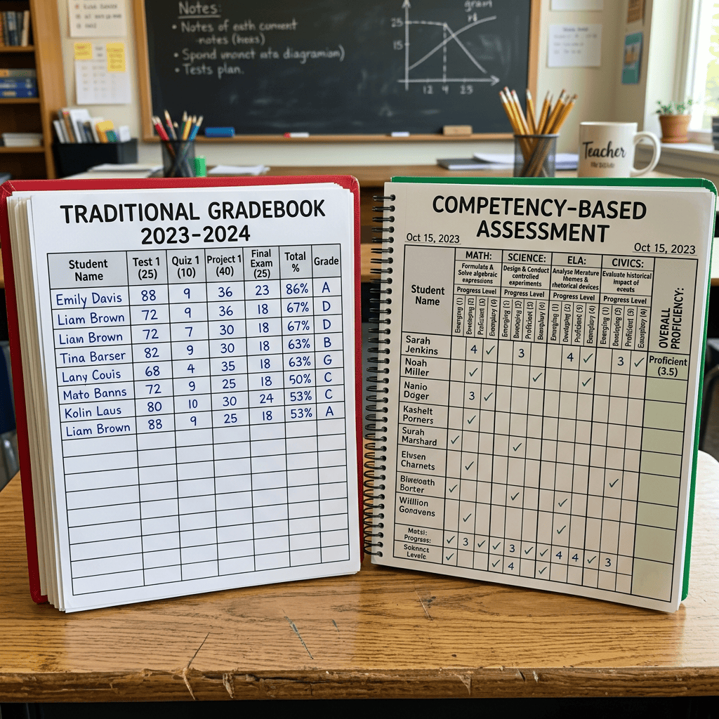 Traditional Gradebook 2023–2024 beside Competency-Based Assessment gradebook