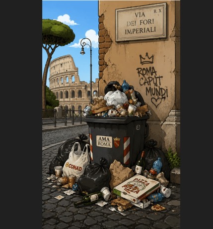 Cartoon image of garbage on the streets of Rome.