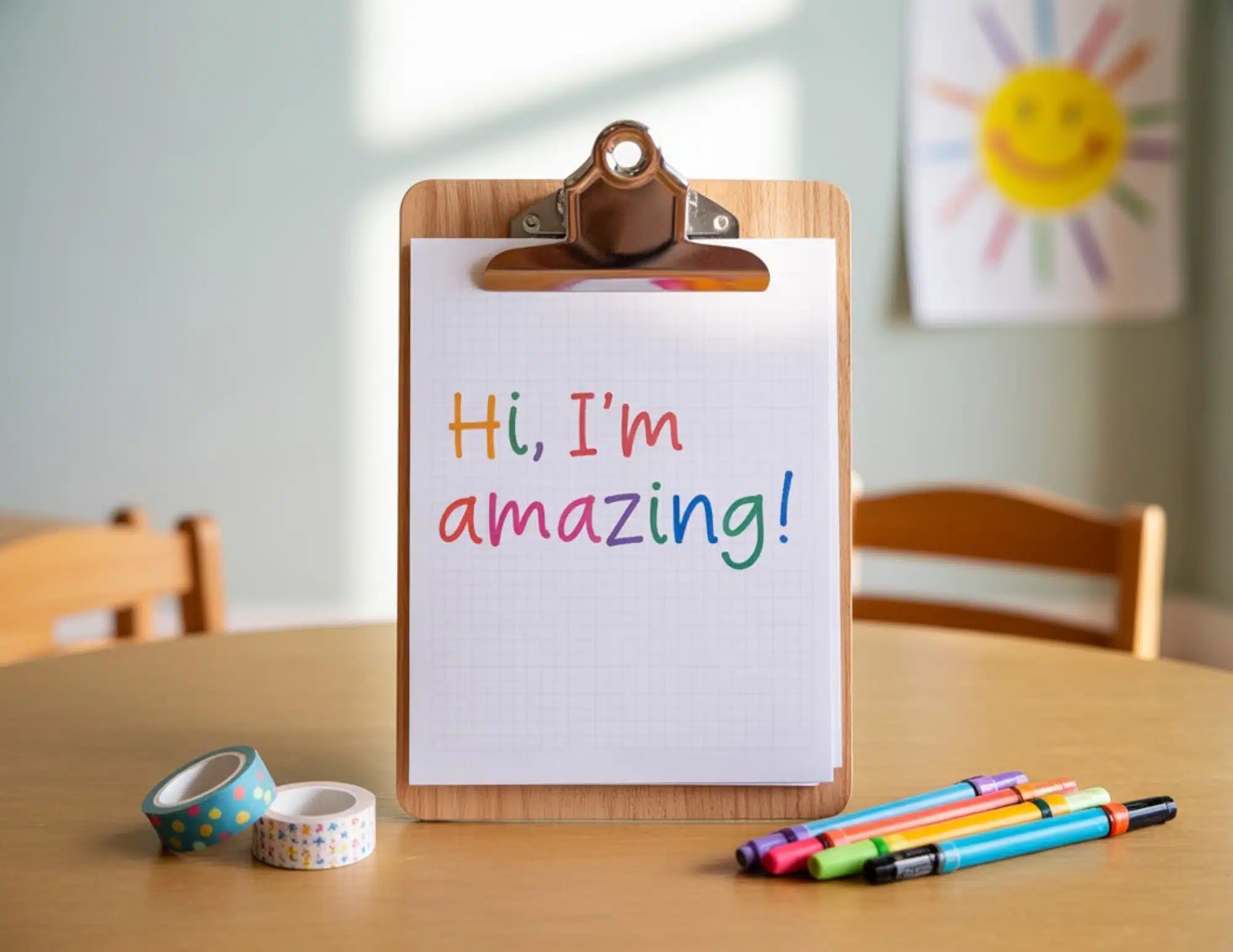 clip board on a table with the words hi, im amazing on it in multiple fun colors 