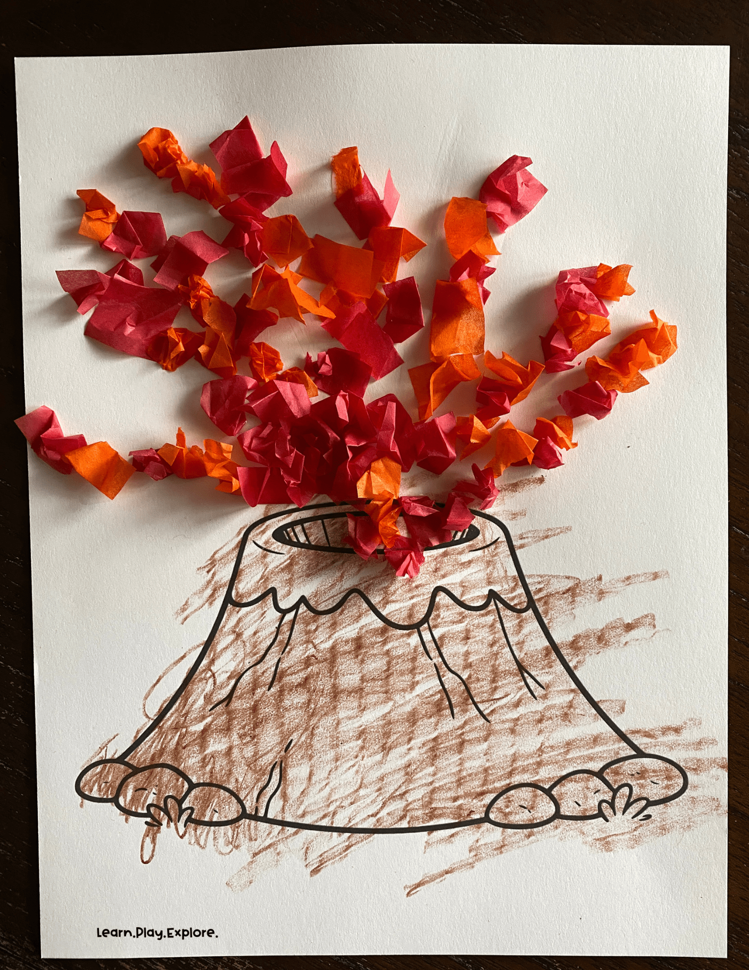 toddler volcano craft with tissue paper and crayon