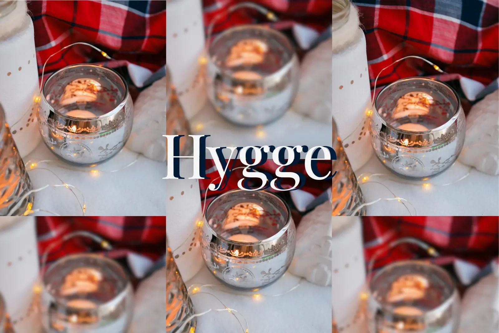 A cozy setup with a candle in a silver holder, fairy lights, and a red plaid background - capturing the essence of Danish hygge.
