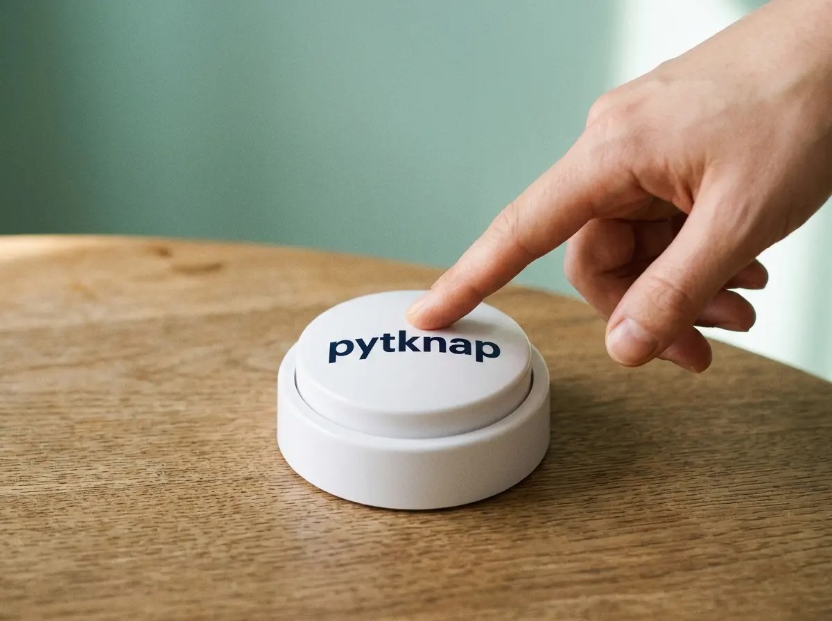 A finger pressing a white pytknap button with dark blue text, sitting on a wooden surface with a teal green background