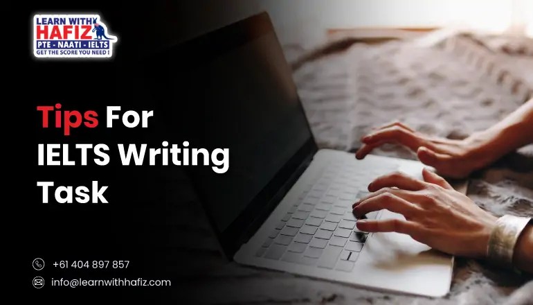 A student is learning the IELTS writing tips to achieve high score in writing task on his laptop.