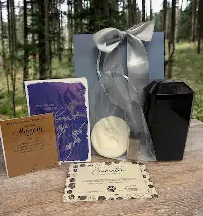 Gold Package - Ashes with Basic Urn, Fur Clipping, Clay Paw Print Impression, Cremation Certificate, Condolence Card, and Memorial Seed Packet.