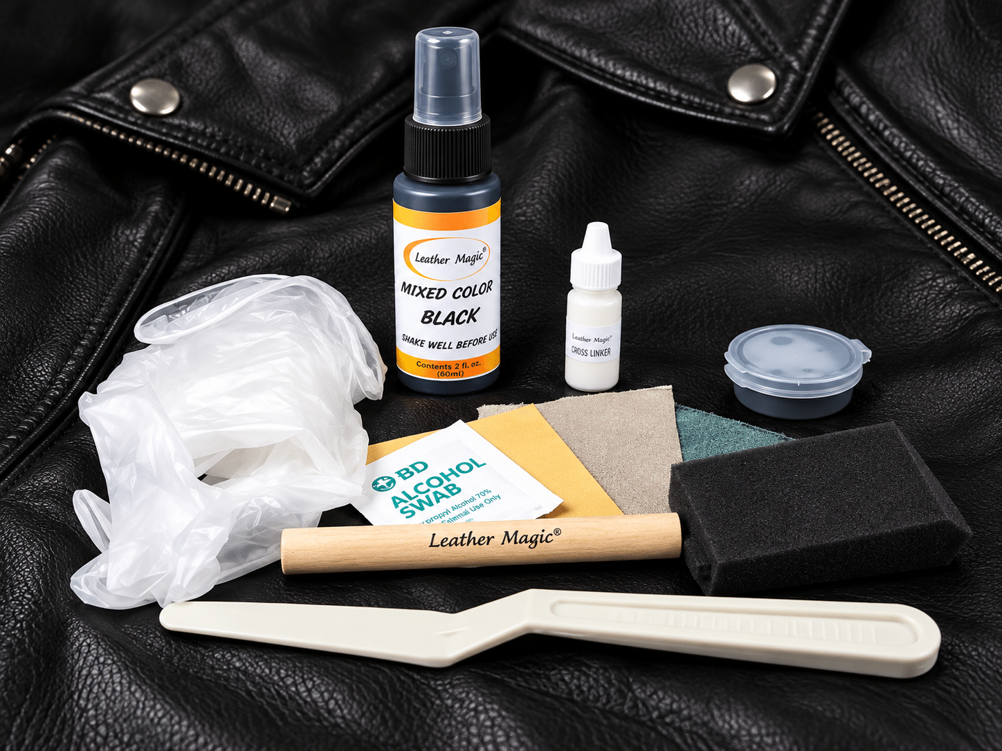 Leather Magic black leather jacket repair kit with flexible repair materials and tools