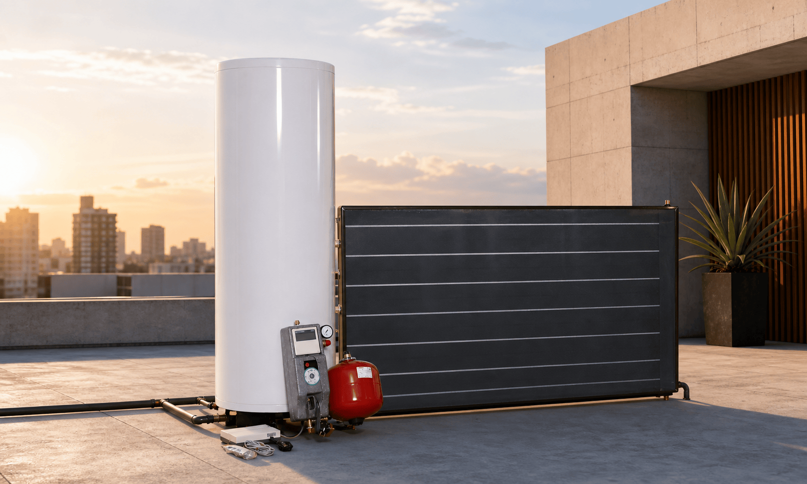 Split pressurized flat plate solar water heater installed on a rooftop