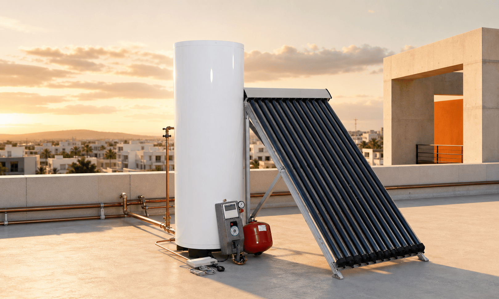 Split pressurized heat pipe solar water heater installed on a rooftop
