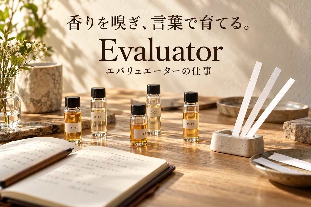 温かな光の机に並ぶ無銘の試料瓶、試香紙、ノート。香水開発の評価の仕事を表す静物。