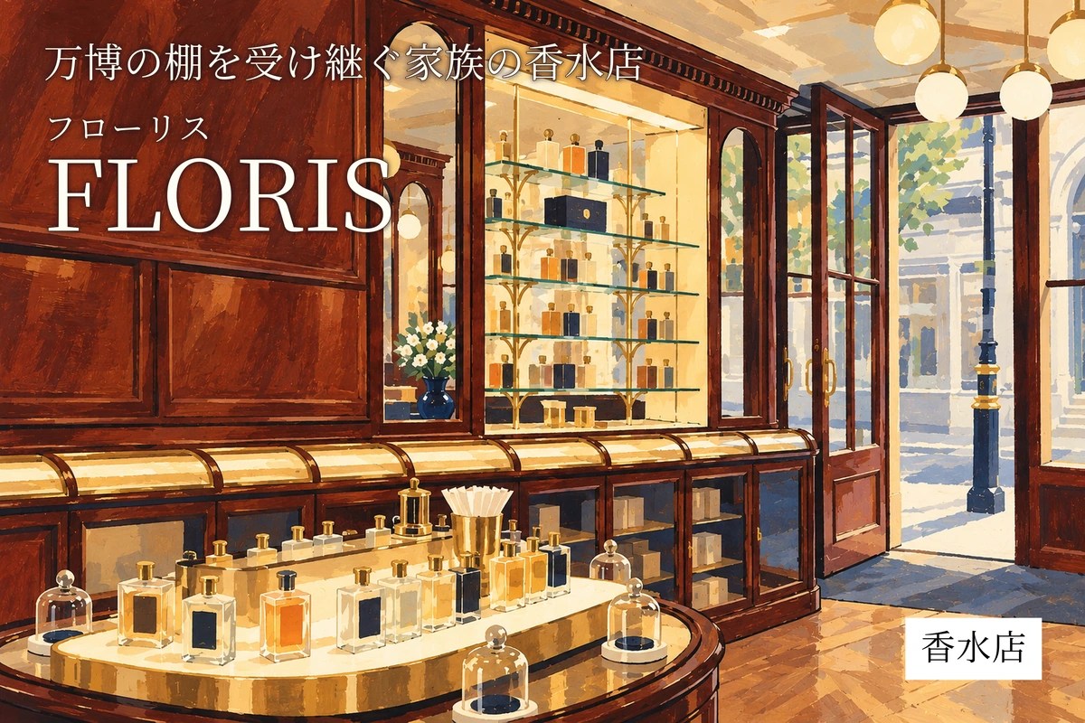 FLORISの代表店舗、ロンドンのジャーミン・ストリート店の木製陳列棚を描いたイラスト