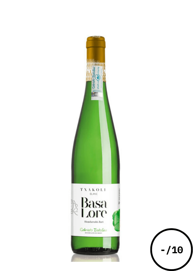 Bouteille Basa Lore Txakolina Getariako, vin blanc basque frais et légèrement perlant, aux notes d’agrumes.