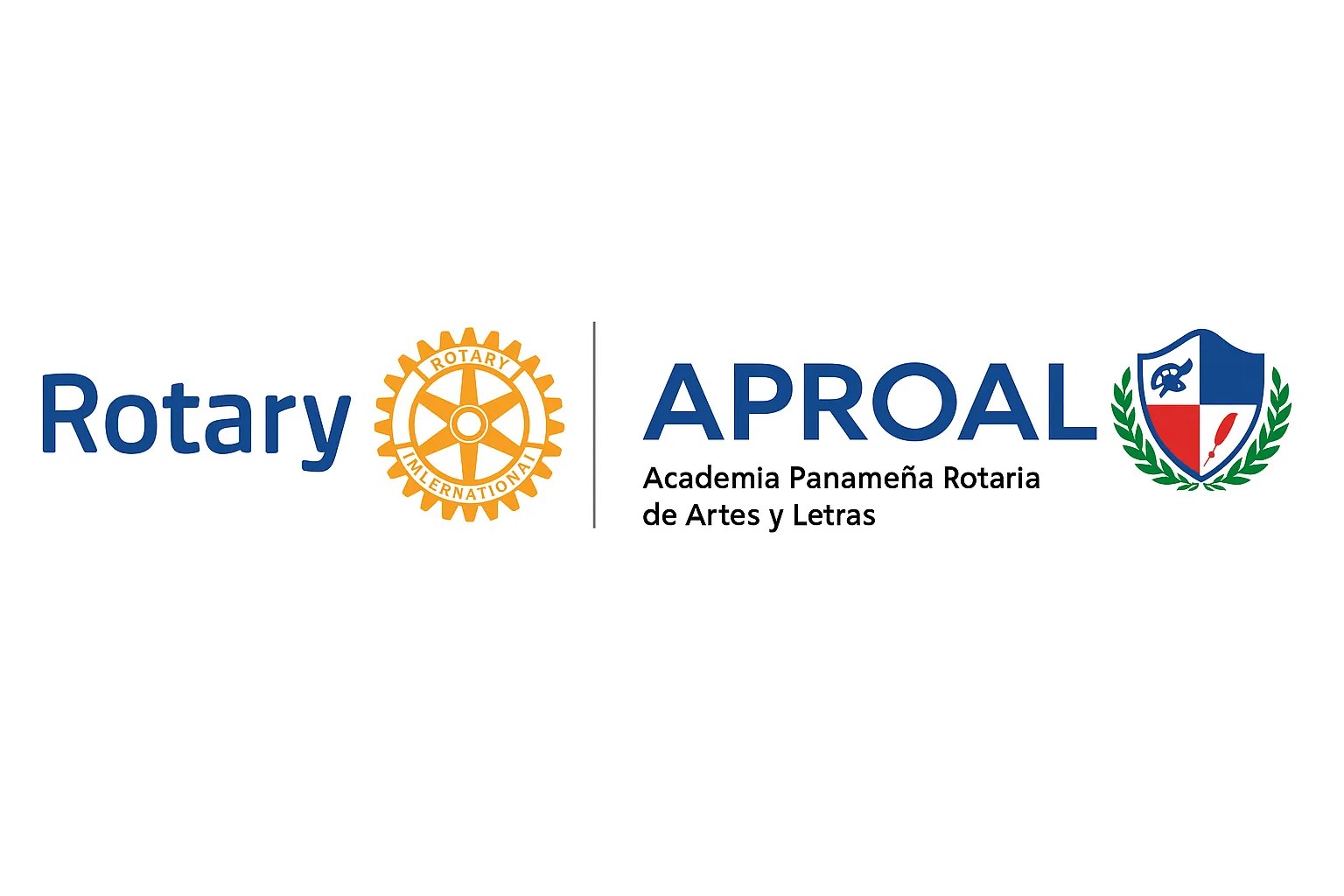 Logotipo de Rotary Internacional y APROAL, Academia Panameña Rotaria de Artes y Letras, con emblemas distintivos.