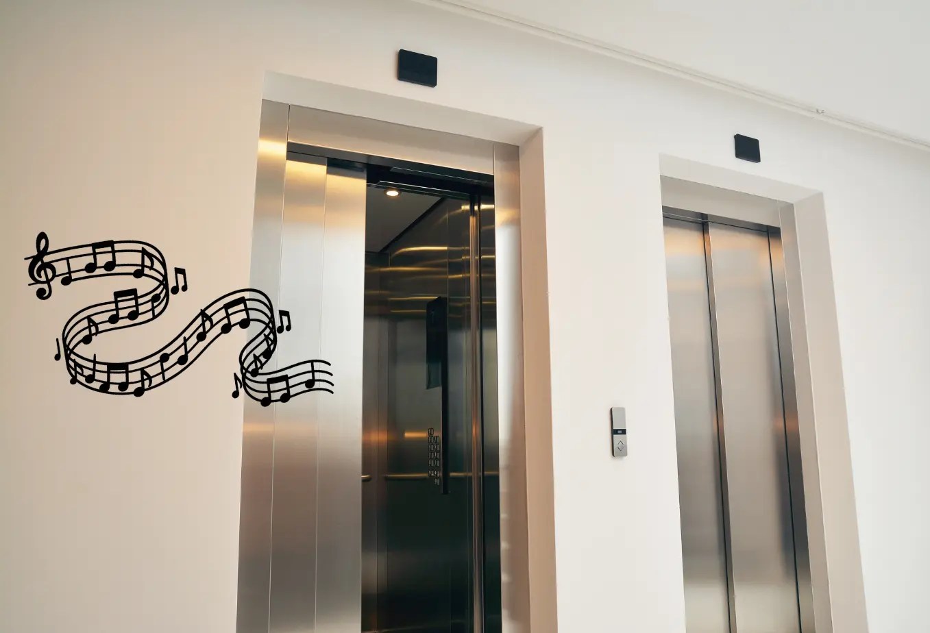 Deux ascenseurs dans un couloir. L'un d'eux est ouvert et une mélodie en sort.