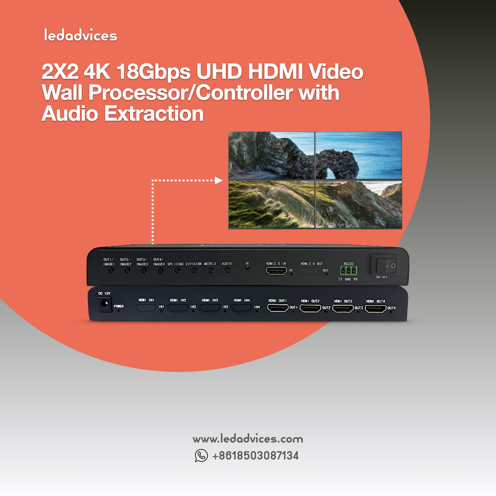 2X2 4K 18Gbps UHD HDMI Video Wall Processor/Controller with Audio Extraction