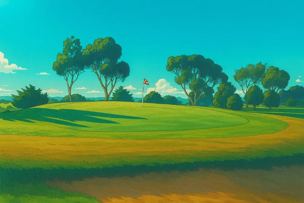 A vibrant anime-style illustration of Keilor Public Golf Course
