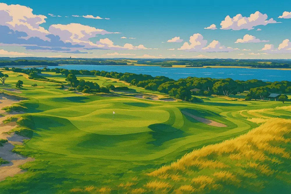 A vibrant anime-style illustration of Lonsdale Links, one of the best golf courses in Victoria, featuring bold colours, dramatic skies, and stylised fairways that capture the course’s unique design and coastal charm.