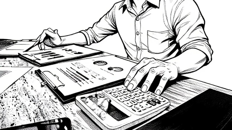 A black and white line art illustration of a person at a desk using a calculator and reviewing data charts on clipboards.
