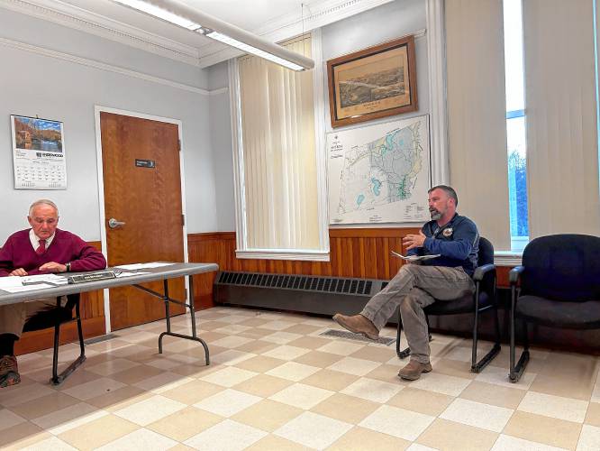 Road Agent Jim Plourde speaks at the Antrim Select Board meeting Monday.
