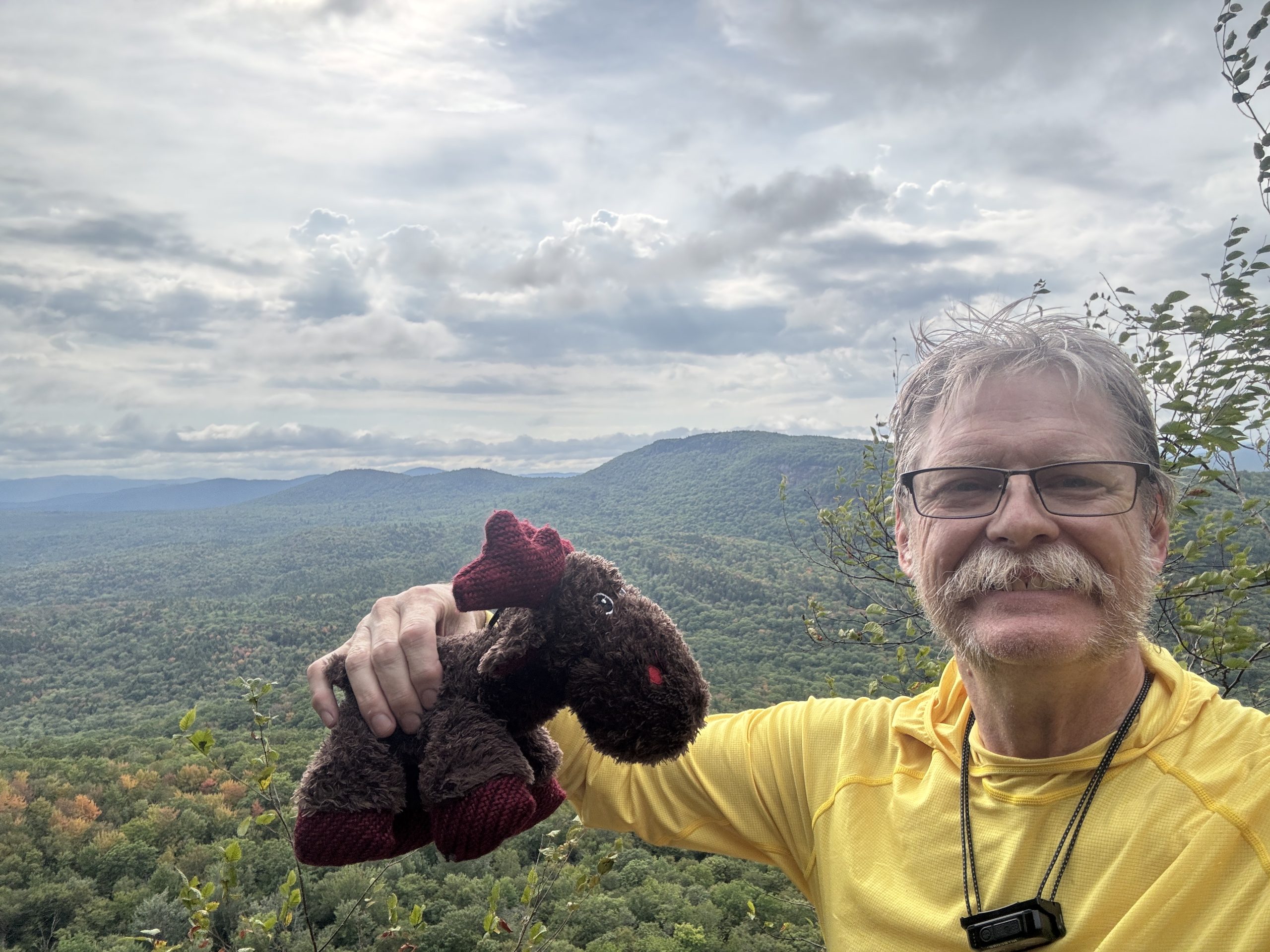 David Graves of New Ipswich with his "hiking buddy" the stuffed moose, Pemi, on the Appalachian Trail. COURTESY