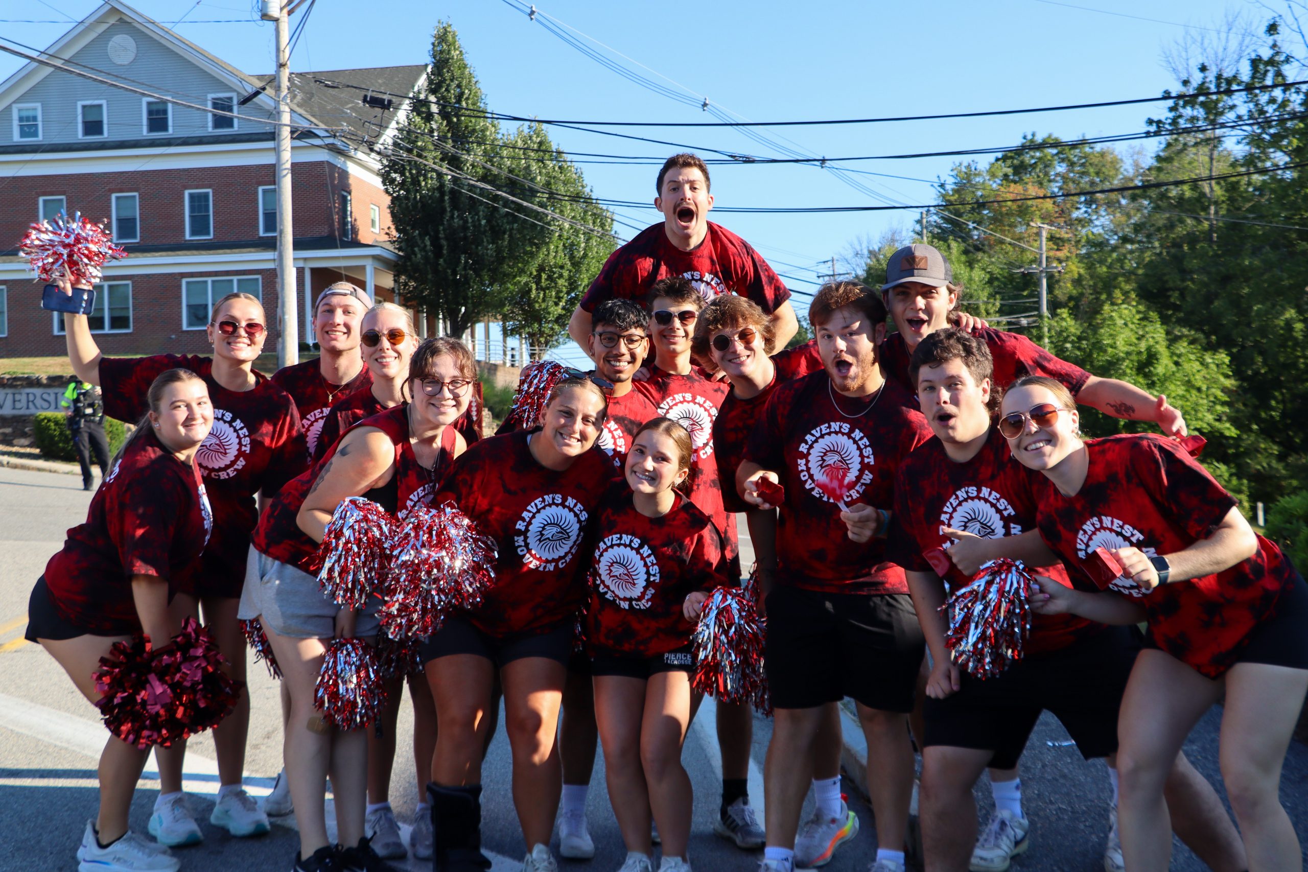 Franklin Pierce University upperclassmen were ready to help move in first-year and transfer students into their dorms on Saturday. COURTESY