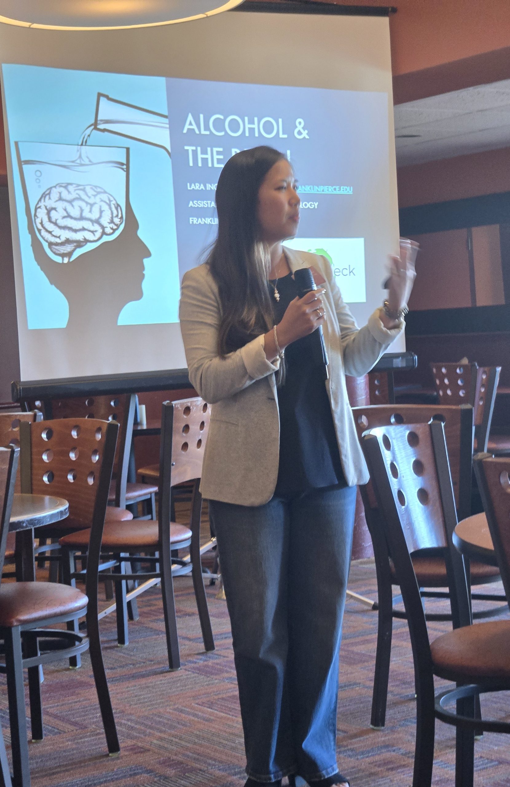 Dr. Lara Ingram, professor of psychology at Franklin Pierce University, spoke about the effects of alcohol at the Jaffrey-Rindge Rotary Club meeting Sept. 18.