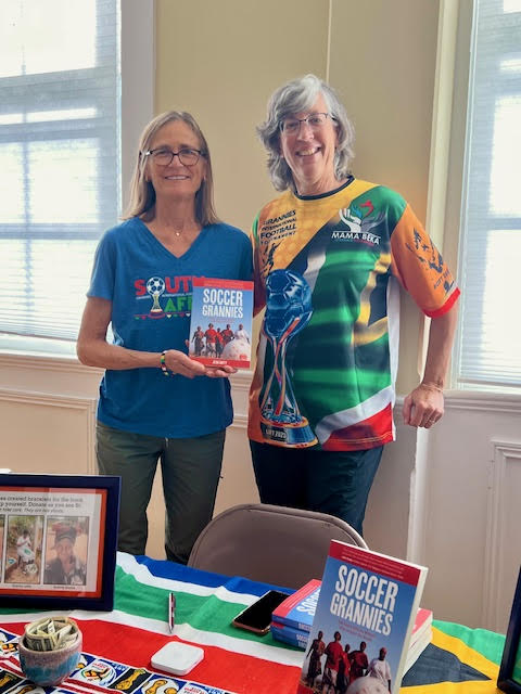 Author Jean Duffy and Susan Kochinskas of Rindge who traveled to South Africa to participate in the World’s Soccer Grannies Tournament.