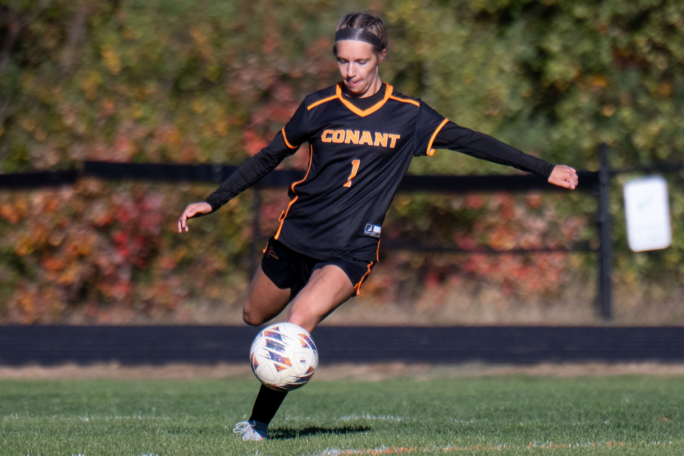 Conant's Merry Hill clears the defensive zone during the Oriole girls' soccer team's 4-1 loss to the visiting Prospect Mountain Timberwolves in Jaffrey on Thursday, Oct. 9, 2025.