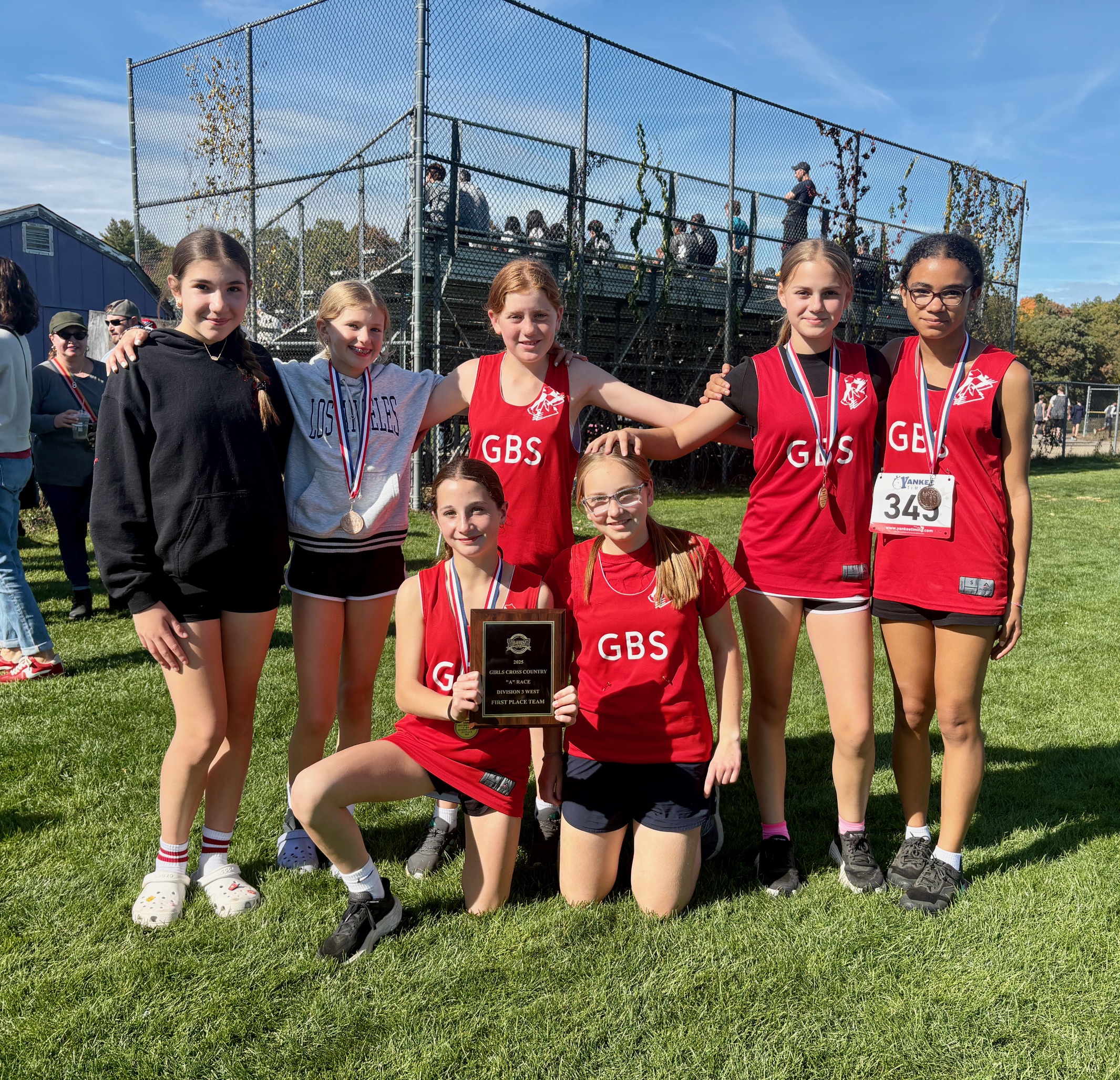 The Great Brook cross country team, in the back row: Sky Simiele, Laurel Brown, Felicity Allen and Cora McNulty. In the front row: Marissa Hardwick and Belle Stahlin> Not pictured: Aliyah Fogg.